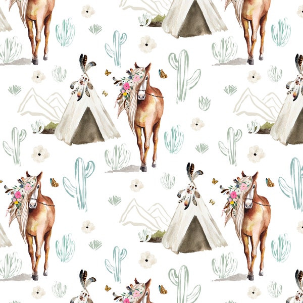 Witte Boho Floral Horse Fabric, Stof op maat gesneden, Desert Cactus Fabric, Quilting Cotton, Bamboo, Canvas, Jersey, Spandex, Sateen, Rib Knit