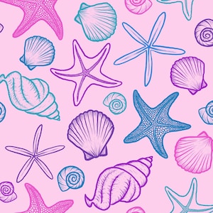 Pink Purple Seashell Fabric, Summer Fabric, Fabric by the Yard, Angelina Maria, Swim Fabric, Boardshort, Quilting Cotton, Knit Fabrics