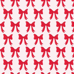 Könnte beinhalten: Ein nahtloses Muster aus roten Schleifen auf weißem Hintergrund. Die Schleifen sind in einem sich wiederholenden Muster angeordnet, das ein festliches und fröhliches Design erzeugt.