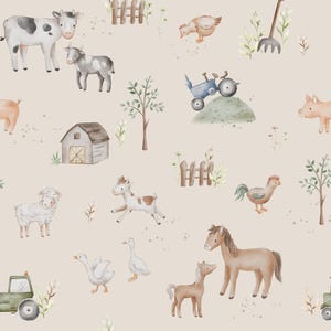 Tan Farm Animal Fabric, Horse Cow Sheep, Fabric by the Yard, Autumn River, Quilt Fabric, Canvas, Sateen, Knit Fabric, Broadcloth, Minky