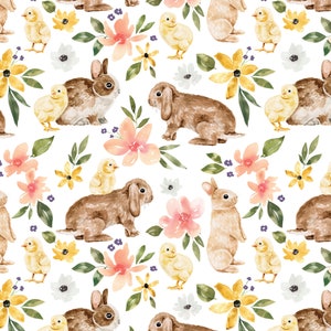 Floral Bunnies and Chicks Fabric, Easter Fabric, Fabric by the Yard, Cate & Rainn, Quilting Cotton, Bamboo, Spandex, Sateen, Canvas, Jersey