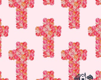 Tela con cruz floral, estampado religioso de Pascua, estilo retro