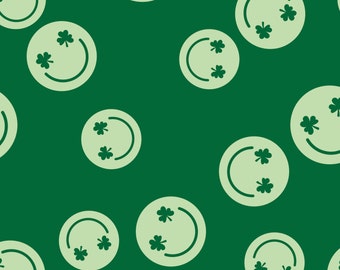 Tela de trébol con cara sonriente, tela cortada a medida, tela de trébol del Día de San Patricio, Little Smile Makers, algodón para acolchado, tela de punto, lona