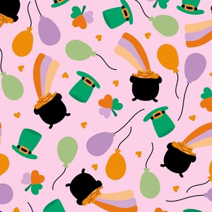 May include: A pink background with a repeating pattern of green shamrocks, leprechaun hats, rainbows, pots of gold, and balloons. The pattern is perfect for St. Patrick's Day.