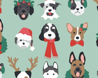 Christmas Dog Fabric, Santa Dog Fabric, Fabric by the Yard, Hey Cute, Quilting Cotton, Knit Fabric, Spandex, Canvas, Bamboo, Minky, Sateen