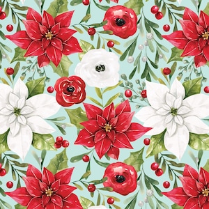 Tissu poinsettia bleu, tissu par mètre, tissu à fleurs de Noël, Cate & Rainn, coton courtepointe, vison, bambou, toile, élasthanne, satinette