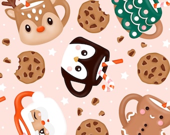 Tela de galletas navideñas rosas, tazas navideñas, tela cortada a medida, Julie Storie, algodón para acolchado, lona, tejido de punto, satén, paño fino