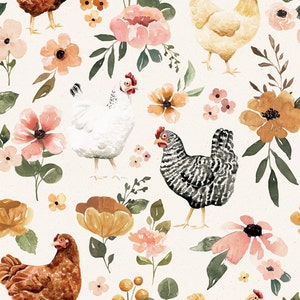 Charlotte Floral Chicken Fabric, Fabric by the Yard, Cate and Rainn, Quilting Cotton, Broadcloth, Organic Cotton, Spandex, Bamboo, Canvas
