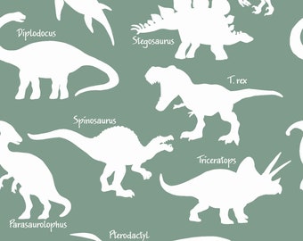 May include: A seamless pattern featuring white silhouettes of various dinosaurs on a sage green background. The dinosaurs include a Plesiosaurus, a Diplodocus, a Stegosaurus, a T. rex, a Spinosaurus, a Triceratops, a Parasaurolophus, a Pterodactyl, and a Velociraptor. Each dinosaur is labeled with its name.