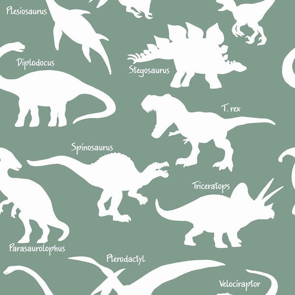 Green Dinosaur Fabric, Dino Silhouette with Names, Fabric by the Yard, Quilting Cotton, Spandex, Jersey, Bamboo, French Terry, Spandex, Swim