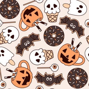 May include: A repeating pattern featuring Halloween-themed illustrations. The design includes orange jack-o'-lantern mugs, bat-shaped biscuits, skull-shaped ice cream cones, doughnuts, ghost lollies, and eyeball lollipops, all in a cartoon style.