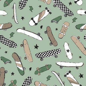 Green Skateboard Fabric, Skateboarding Fabric, Fabric by the Yard, Little Smile Makers, Quilting Cotton, Knit Fabric, Canvas, Spandex