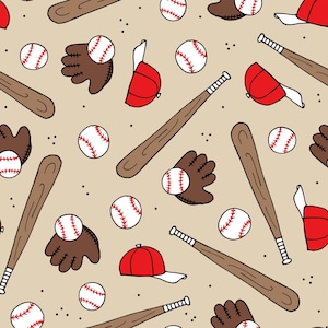 Tan Baseball Game Fabric, Fabric by the Yard, Sports Fabric, Little Smile Makers, Quilting Cotton, Spandex, Bamboo, Rib Knit, French Terry