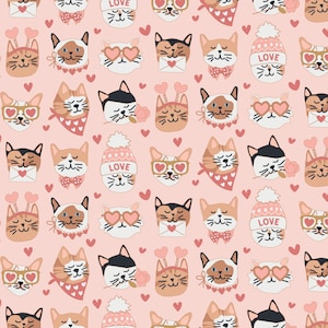 Valentine&#39;s Day Cat Fabric, Pink Kitty Fabric, Fabric by the Yard, Hey Cute Design, Quilting Cotton, Knit Fabric, Canvas, Spandex, Bamboo