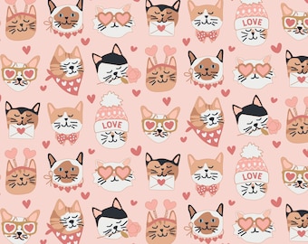 Tissu chat pour la Saint-Valentin, tissu chaton rose, tissu par mètre, motif mignon, courtepointe en coton, tricot, toile, élasthanne, bambou