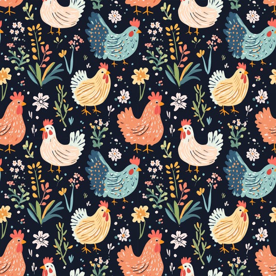 Chicken Floral Fabric, Fabric by the Yard, Tori Egeler, Farm Animal Fabric, Chicken Quilt Fabric, Canvas, Sateen, Knit Fabric, Broadcloth