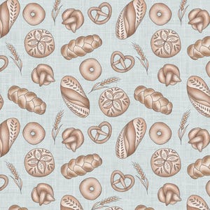 May include: A seamless pattern featuring various types of bread, pretzels, and wheat stalks on a light blue background. The pattern includes round loaves, braided loaves, pretzels, and wheat stalks in shades of brown.