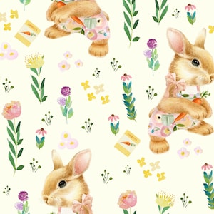 Spring Girl Bunny Fabric, Easter Rabbit Fabric, Fabric by the Yard, Little Smile Makers, Quilting Cotton, Knit Fabric, Canvas, Bamboo