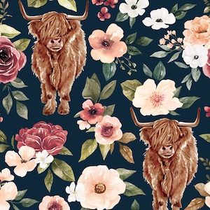 Tela floral de vaca de las Tierras Altas de la Marina, tela de vaca de las Tierras Altas, tela cortada a medida, Cate & Rainn, algodón para acolchado, paño fino, lona, satén, tejidos de punto