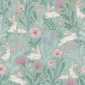 Easter Bunny Fabric, Fabric by the Yard, Spring Floral Fabric, Wildflower Lane, Quilting Cotton, Knit Fabric, Canvas, Jersey, French Terry