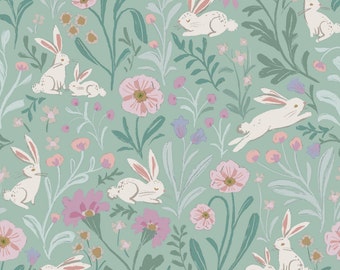 Easter Bunny Fabric, Fabric by the Yard, Spring Floral Fabric, Wildflower Lane, Quilting Cotton, Knit Fabric, Canvas, Jersey, French Terry
