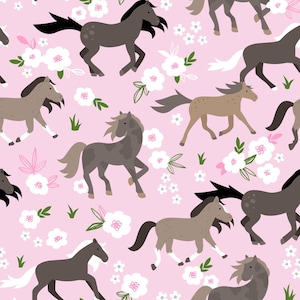 Rosa Pferd Blumenstoff, Reiterstoff, Meterware, Patchworkstoff, Little Smilemaker, Patchworkstoff, Quiltstoff, Leinwand, Pannesamt, Minky