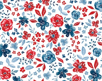 Freedom Floral Fabric, Patriotic Fabric, Fabric by the Yard, 4th of July, Cate and Rainn, Quilting Cotton, Knit Fabric, Spandex, Canvas