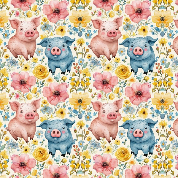 Pig Fabric, Cute Pig Floral Fabric, Fabric by the yard, Farm Animals, Tori Egeler, Quilting Cotton, Knit Fabric, Canvas, Broadcloth, Sateen