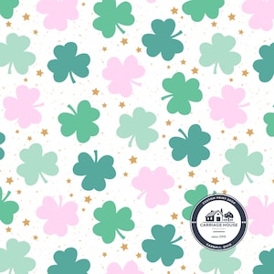 Pink and Green Shamrock Fabric, St Patrick's Day Clover Print, Julie Storie Designs image 1