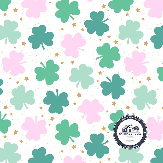 Pink and Green Shamrock Fabric, St Patrick's Day Clover Print, Julie Storie Designs