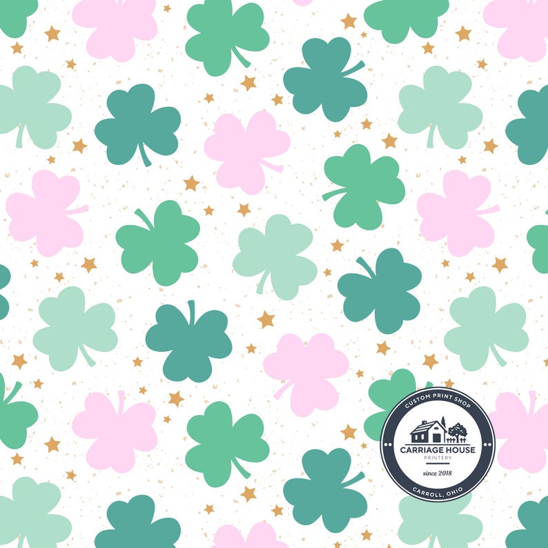 Pink and Green Shamrock Fabric, St Patrick's Day Clover Print, Julie Storie Designs image 1