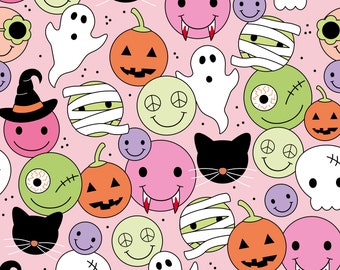 Pinker Smiley Halloween Stoff, Geister Hexe Vampir Halloween Stoff, Patchworkstoff, Baumwollstoff, Bambus, Jersey, Leinwand
