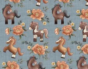 Horse Floral Fabric, Pony Fabric, Fabric by the Yard, Krystal Winn, Quilting Cotton, Spandex, Sateen, Bamboo, Rib Knit, French Terry, Canvas