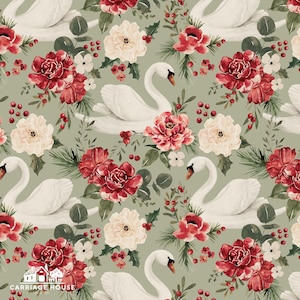 Grüner Weihnachtsschwanen Stoff, Schwanen Blumenstoff, Meterware, Cate & Rainn, Quilting Baumwolle, Leinwand, Satin, Minky, Spandex, Rasen