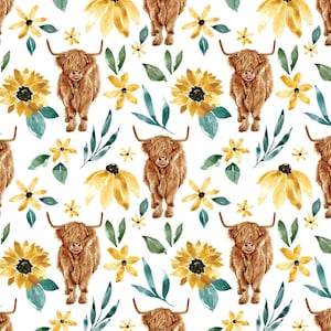 Highland Cow Sunflower Fabric, Fabric by the Yard, Cate & Rainn, Broadcloth, Quilting Cotton, Organic Cotton, Bamboo, Canvas, Swim Fabric