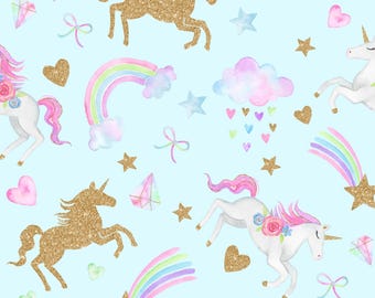 Glitter Unicorn Fabric, Rainbow Unicorn Fabric, Fabric by the Yard, Tori Egeler, Quilting Cotton, Broadcloth, Sateen, Canvas, Minky, Jersey
