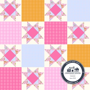 May include: A patchwork quilt design featuring a repeating pattern of star-shaped blocks and solid squares. The stars have pink centers and floral print points. The squares are pink, yellow, and light blue. The Carriage House Printery logo is in the bottom right corner.