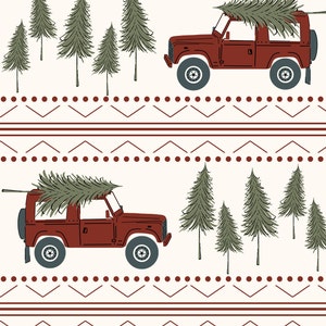 Red Christmas Jeep Fabric, Christmas Tree Fabric, Fabric by the Yard, Charlie Rowan, Quilting Cotton, Knit Fabrics, Sateen, Broadcloth