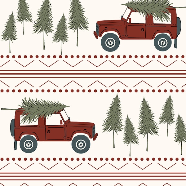 Red Christmas Jeep Fabric, Christmas Tree Fabric, Fabric by the Yard, Quilting Cotton, French Terry,Canvas,Sateen, Jersey, Bamboo, Rib Knit