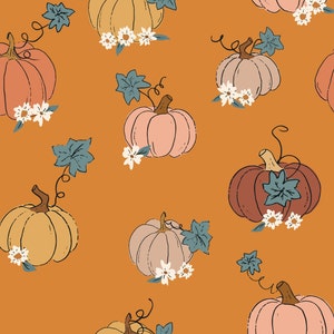 Orange Pumpkin Floral Fabric, Fabric by the Yard, Fall Fabric, Juniper Row, Broadcloth, Quilting Cotton, Jersey, Bamboo, Fat Quarter, Canvas