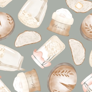 May include: A seamless pattern featuring watercolor illustrations of various baking ingredients, including flour, bread, and jars of oats. The pattern is set against a light gray background.