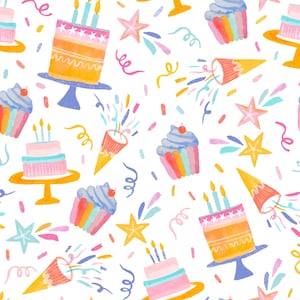 Birthday Cake Fabric, Colorful Birthday Party Fabric, Fabric By the Yard, Colour and Joy, Quilting Cotton, Knit Fabric, Canvas, Bamboo