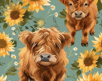 Highland Cow Sunflower Fabric, Fabric by the yard, Farm Animal Fabric, Tori Egeler, Quilting Cotton, Knit Fabric, Canvas, Broadcloth, Bamboo