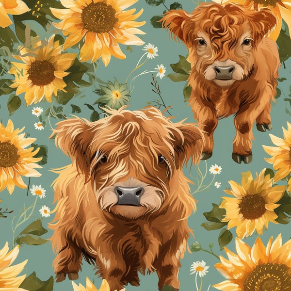 Highland Cow Sunflower Fabric, Fabric by the yard, Farm Animal Fabric, Tori Egeler, Quilting Cotton, Knit Fabric, Canvas, Broadcloth, Bamboo