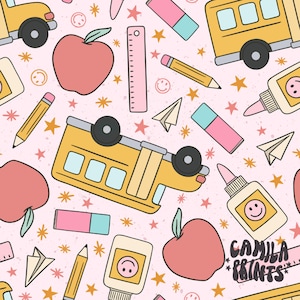 Pink School Bus Fabric, Back to School Fabric, Fabric by the Yard, Camila Prints, Quilting Cotton, Knit Fabric, Canvas, Sateen, Broadcloth