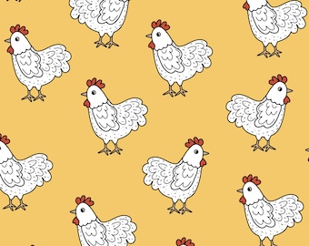 Yellow Chicken Fabric, Fabric by the Yard, Farm Animal Fabric, Little Smile Makers, Quilting Cotton, Broadcloth, Fat Quarter, Spandex,Canvas
