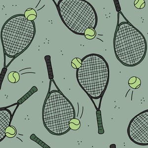 Green Tennis Racket Fabric, Fabric by the Yard, Sports Fabric, Little Smile Makers, Quilting Cotton, Sateen, Broadcloth, Canvas, Jersey Knit