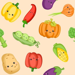 Cute Vegetable Fabric, Veggie Fabric, Fabric by the Yard, Quilting Cotton, Fat Quarter, Cotton Spandex, Jersey, Bamboo, Minky, Broadcloth