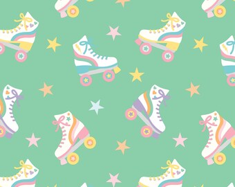 May include: A repeating pattern of white roller skates with pastel rainbow stripes and star details on a pale green backdrop. The skates have pink, yellow, and blue wheels, creating a fun, retro design.