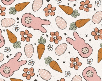Easter Bunny and Carrots Fabric, Pink Easter Fabric, Fabric by the Yard, Brittany Frost, Quilting Cotton, Sateen, Knit Fabric, Canvas